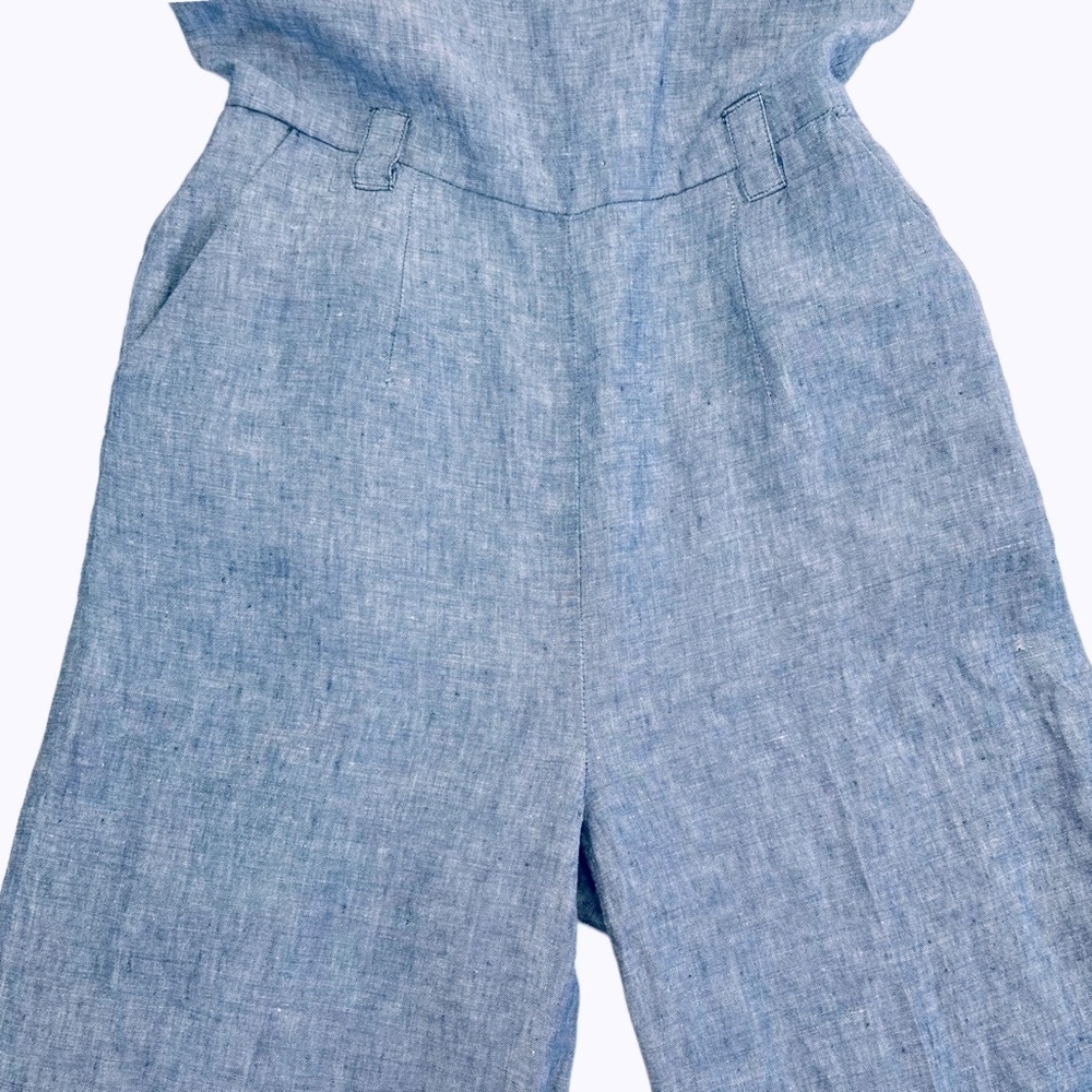 St Tropez West Linen Chambray Jumpsuit Cropped Wide Leg Denim Blue Pockets Sz 2 - Picture 3 of 14